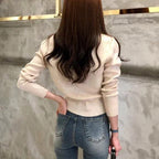 Otoño de manga larga de moda cárdigans para mujer suéter de punto abrigo corto Casual de un solo pecho coreano ajustado Chic señoras Tops 17375