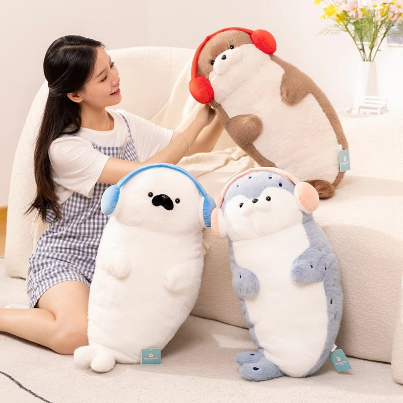 Sello de auriculares de dibujos animados de alta calidad, lontra marina, juguete de peluche, bola, cojín redondo, almohada para niños, regalo de cumpleaños, siesta escolar y sueño