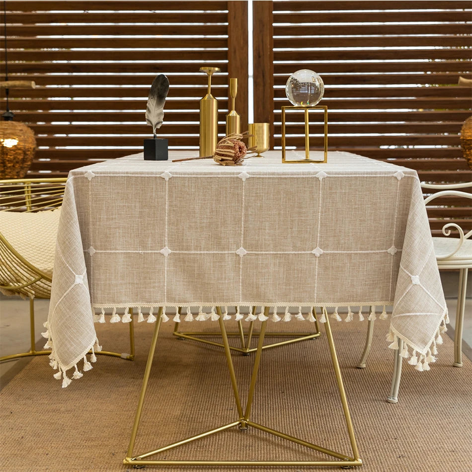 Mantel rectangular a cuadros, mantel de lino y algodón, mantel de granja, suave y sin arrugas, cubierta de mesa con borlas