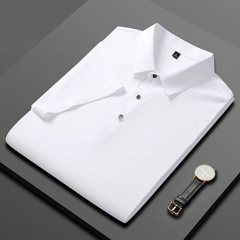 Polo de seda de hielo para hombre, camiseta de manga corta, elástica, sin hierro, fina, ligera, de lujo