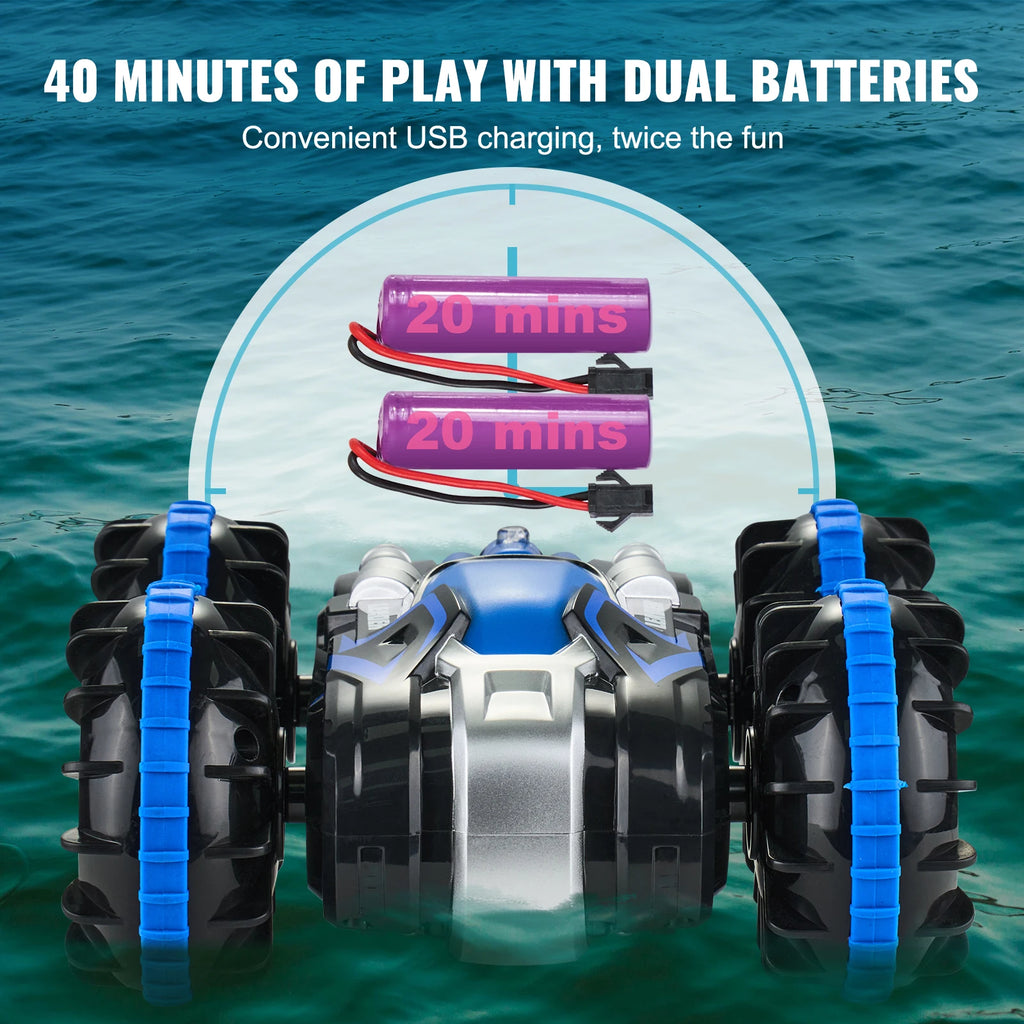 SucceBuy Barco de coche RC anfibio azul/amarillo 2,4 GHz 12 km/h Control remoto eléctrico 360 °   Coche acrobático giratorio, juguetes para piscina de playa y agua
