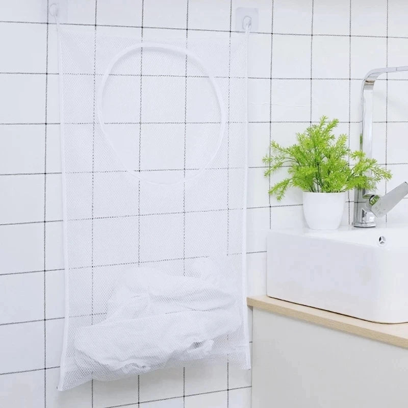 Bolsa de almacenamiento de ropa sucia, cesta con marco, cubo de malla plegable para lavandería, baño, colgante de pared, organizador de ropa para el hogar con gancho