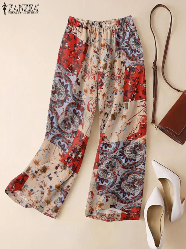 ZANZEA-pantalones informales de pierna ancha para mujer, pantalón Vintage con estampado Floral de Cachemira, cintura elástica, pantalones de algodón transpirables para primavera 2025