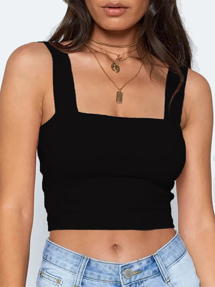 Top corto sin mangas con cuello cuadrado para mujer, camiseta básica informal negra blanca, camisola con hombros descubiertos, camiseta sin mangas Sexy con espalda descubierta