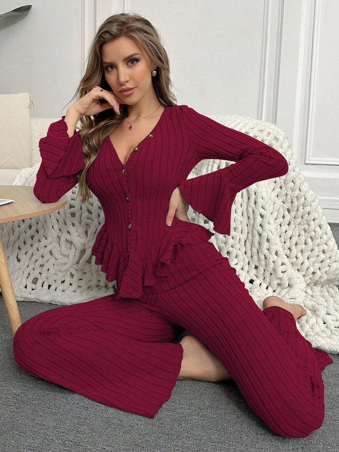 Ropa de dormir para mujer, conjuntos de pijamas de otoño e invierno, dos piezas, Tops y pantalones sexis de manga larga con cuello en V, ropa de descanso para el hogar