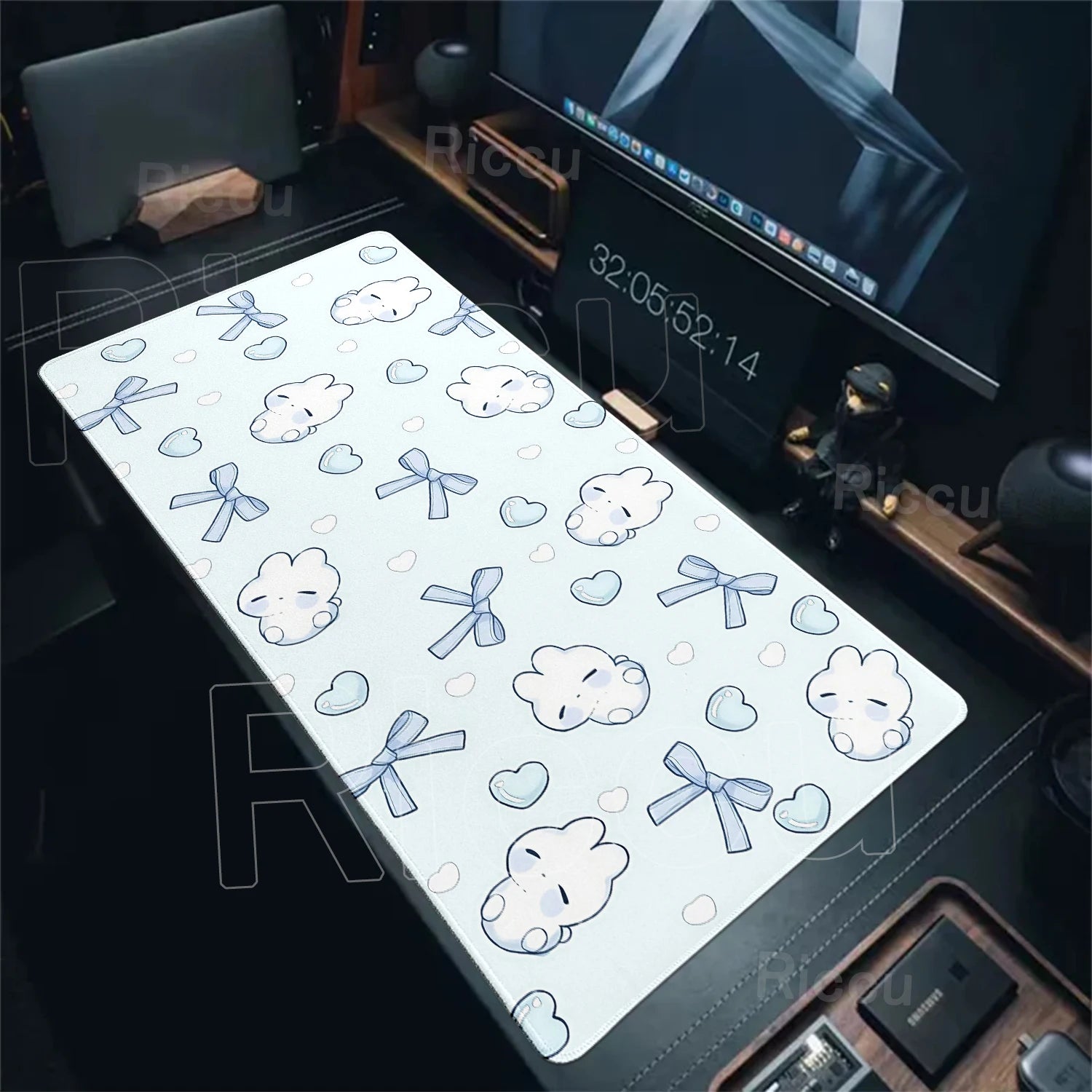 Alfombrilla de Ratón Grande Creativa con Diseño de Conejito con Lazo Azul, Alfombrilla de Escritorio para Oficina, Decoración para PC, Regalo Kawaii para Chicas, Alfombrilla Antideslizante para Computadora
