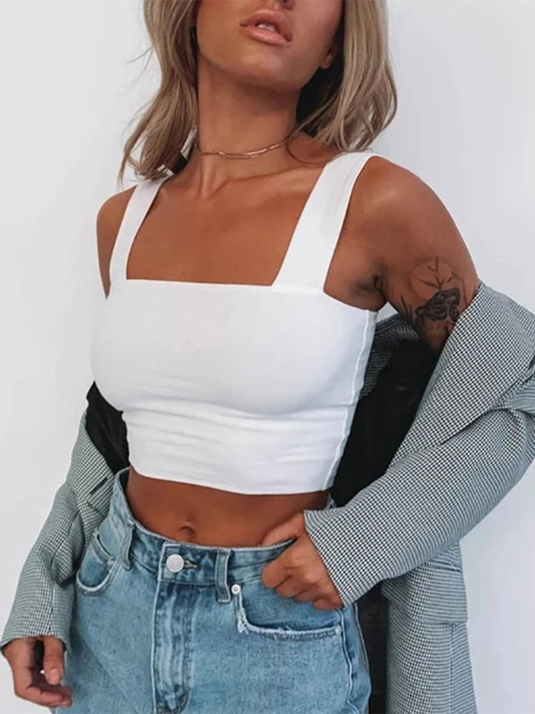 Top corto sin mangas con cuello cuadrado para mujer, camiseta básica informal negra blanca, camisola con hombros descubiertos, camiseta sin mangas Sexy con espalda descubierta
