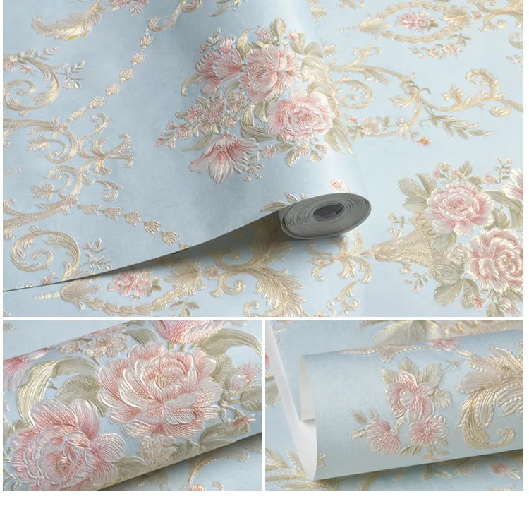 Papel tapiz europeo autoadhesivo flor pastoral pegatinas de pared de lujo autoadhesivo dormitorio sala de estar pared de fondo del hogar wal