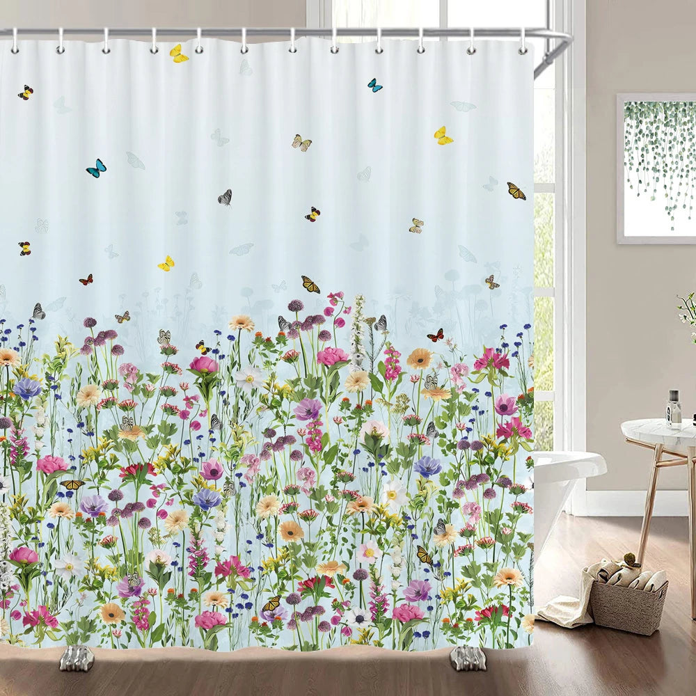 Cortinas de baño de flores, pájaros y plantas europeas, cortina de ducha impermeable, decoración de baño con impresión 3D con gancho, pantalla de baño