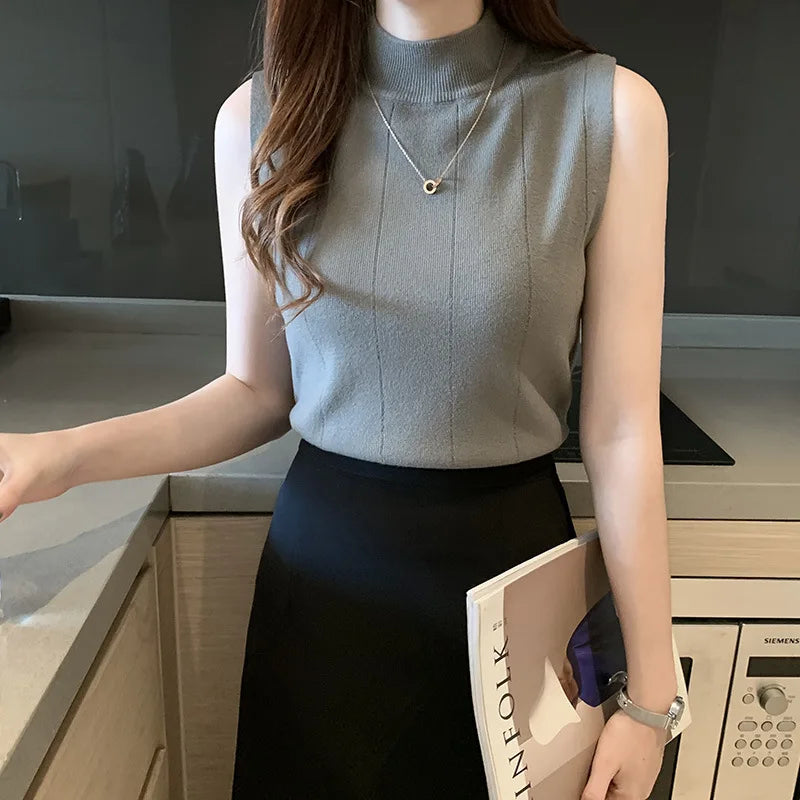 Novedad 2026: Chaleco de punto sin mangas de cuello medio alto, ajustado, de color liso, elegante y moderno, ideal como prenda interior para el día a día.