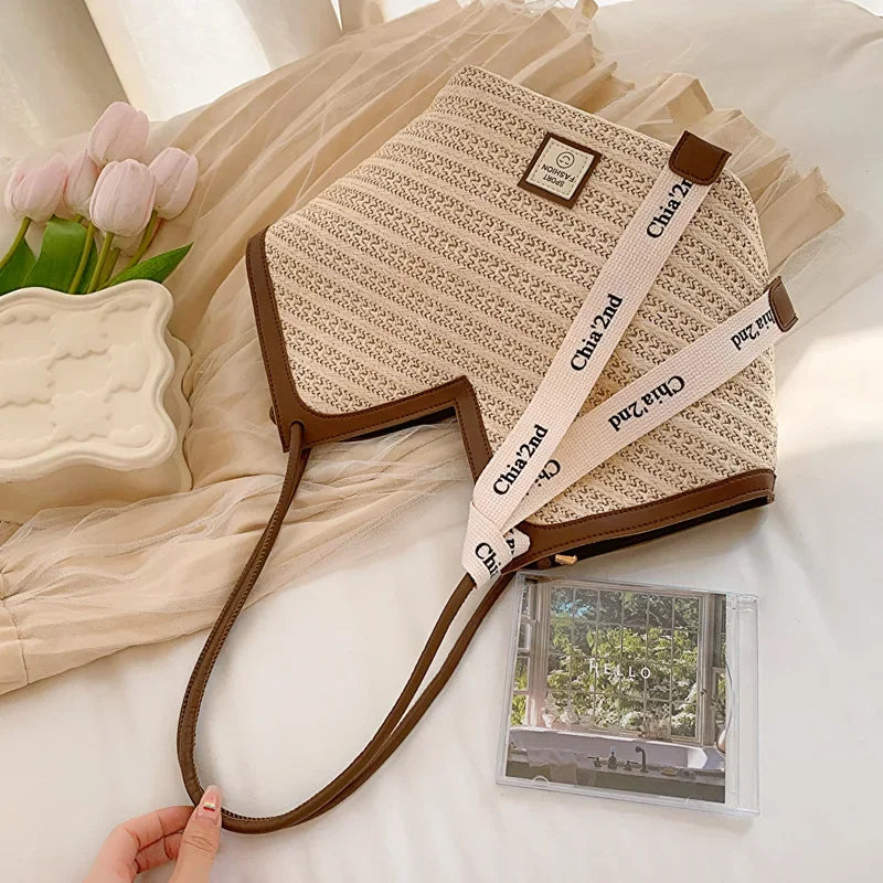 Bolso de hombro de paja para mujer, bolsa de hombro tejida a mano, estilo Retro, ideal para el verano