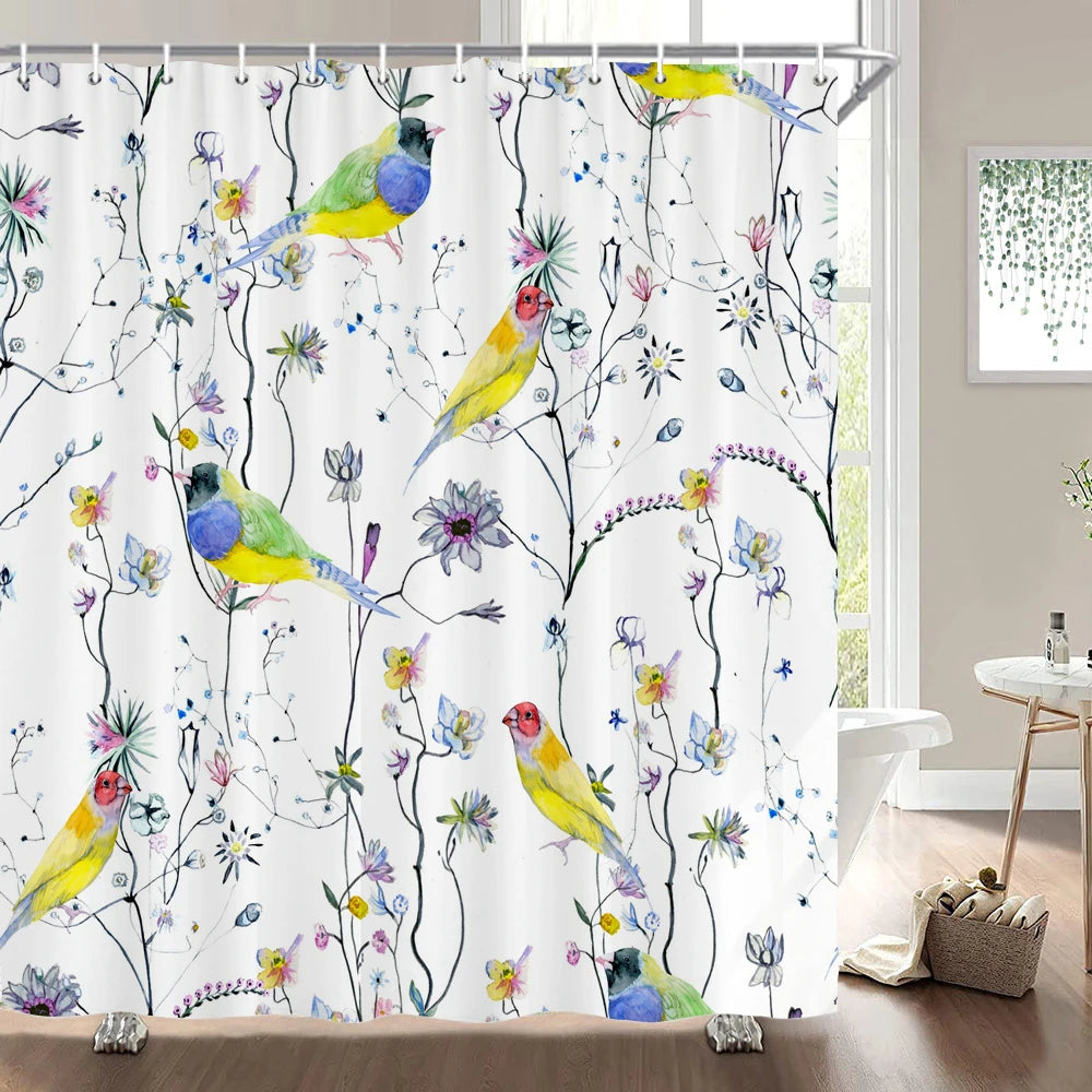 Cortinas de baño de flores, pájaros y plantas europeas, cortina de ducha impermeable, decoración de baño con impresión 3D con gancho, pantalla de baño