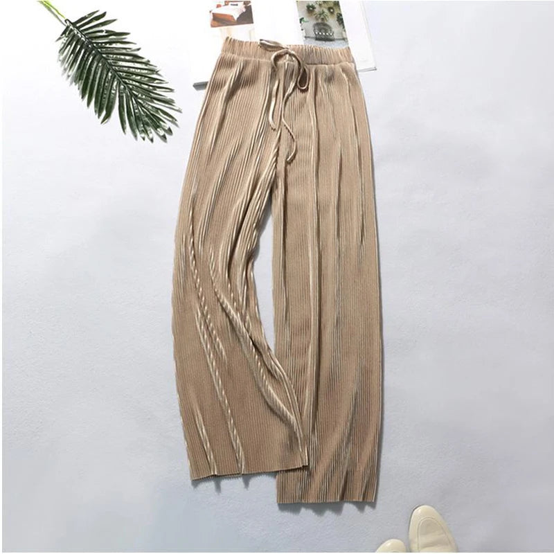 Pantalones de pierna ancha para mujer, pantalón plisado de seda de hielo, cintura elástica, holgado, informal, moda de verano