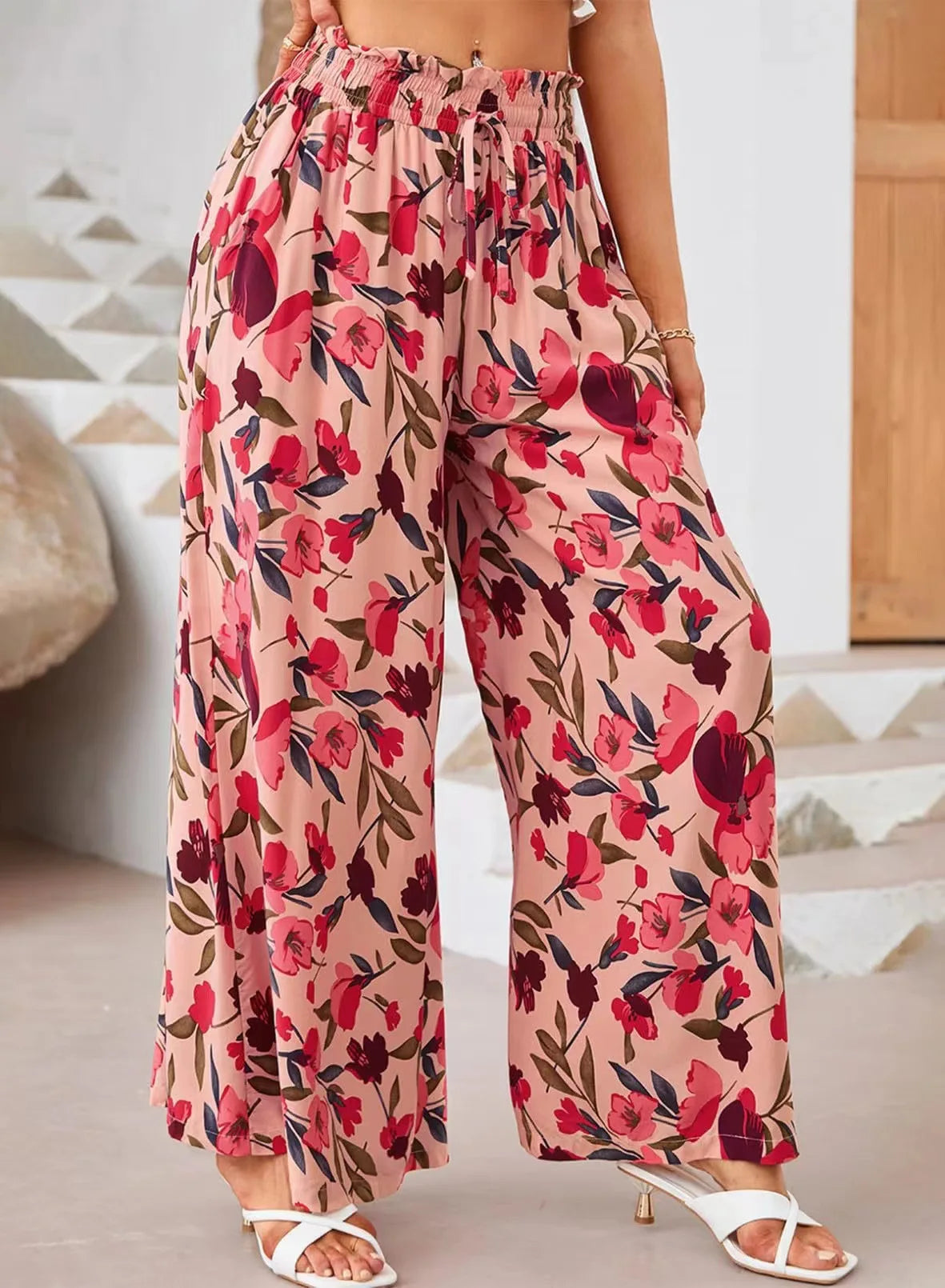 Pantalón largo de pierna ancha para mujer, Pantalón recto con estampado Floral, cintura elástica, ropa de calle Y2k, Capris Maxi elegante holgado de verano