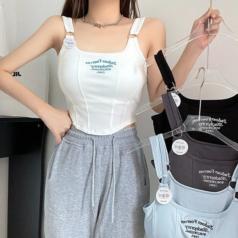 Top corto Y2K para mujer, camiseta sin mangas ajustada con dobladillo, informal, Sexy, ropa de calle blanca, camisetas sin mangas con letras y almohadilla，top mujer tops for women 2023，women's tops tees top y2k