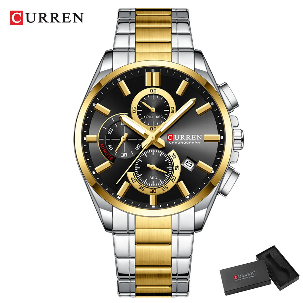 Relojes CURREN para hombre, relojes de lujo de primeras marcas para hombre, cronógrafo Original resistente al agua de acero inoxidable, fase lunar, fecha, esfera giratoria