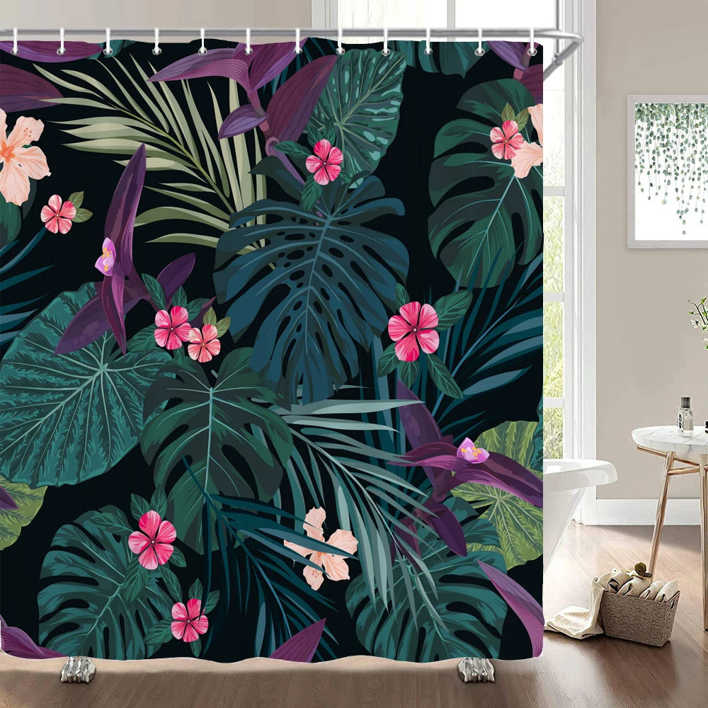 Cortinas de baño de flores, pájaros y plantas europeas, cortina de ducha impermeable, decoración de baño con impresión 3D con gancho, pantalla de baño