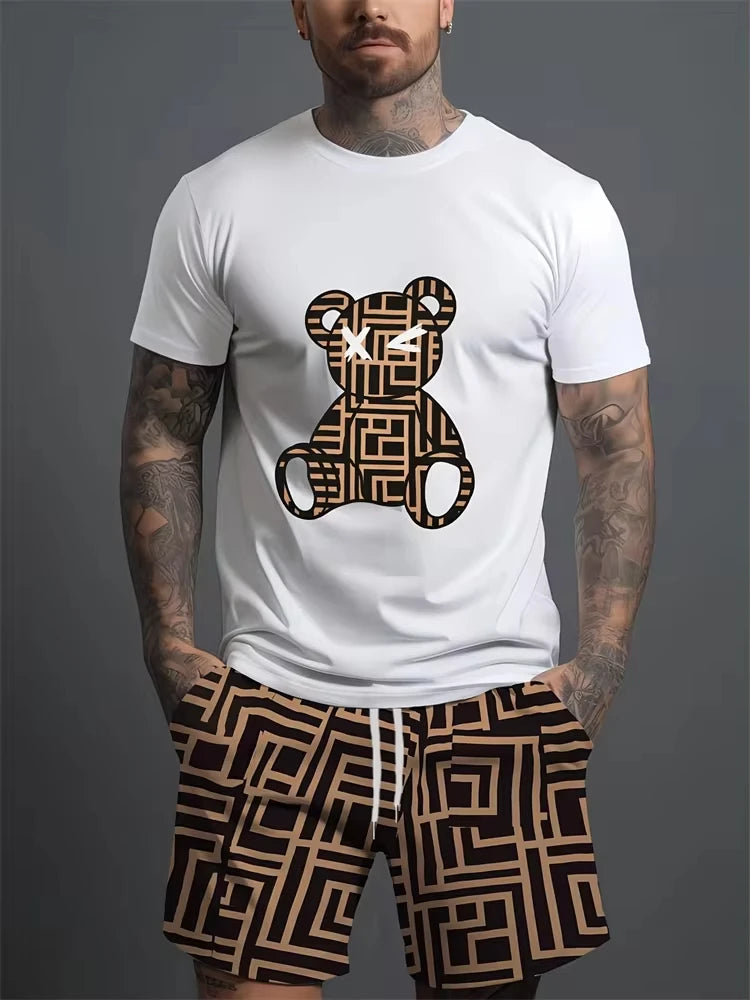 Conjunto informal de verano para hombre, pantalones cortos de playa para deportes al aire libre, moda urbana, estampado de oso, camiseta de manga corta ligera, 2025