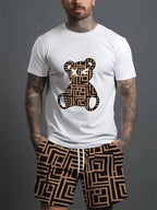 Conjunto informal de verano para hombre, pantalones cortos de playa para deportes al aire libre, moda urbana, estampado de oso, camiseta de manga corta ligera, 2025