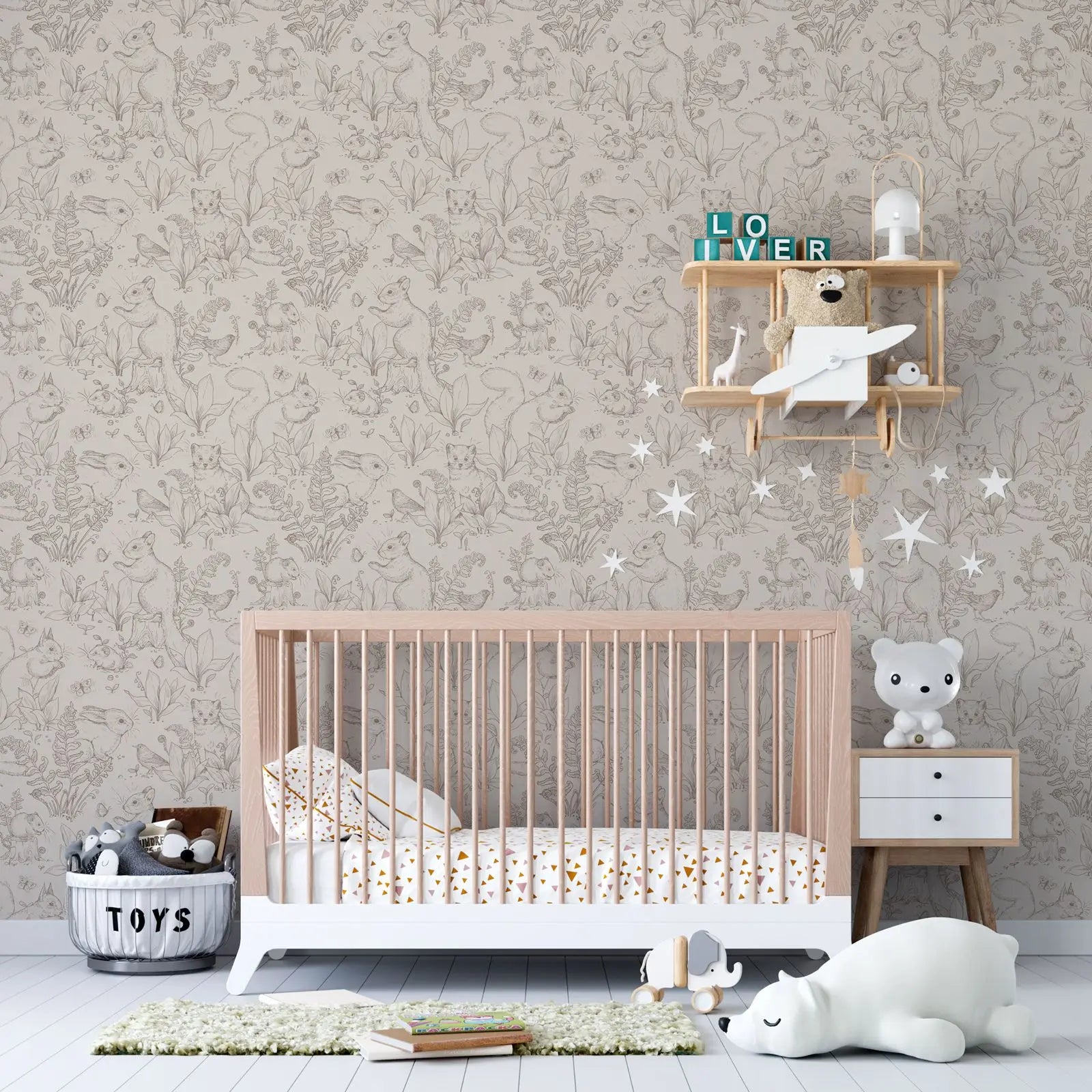 Papel pintado Forest Life. Papel pintado beige con animales en estilo bosque con Conejo y pequeño perro de pradera