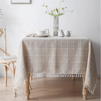 Mantel rectangular a cuadros, mantel de lino y algodón, mantel de granja, suave y sin arrugas, cubierta de mesa con borlas