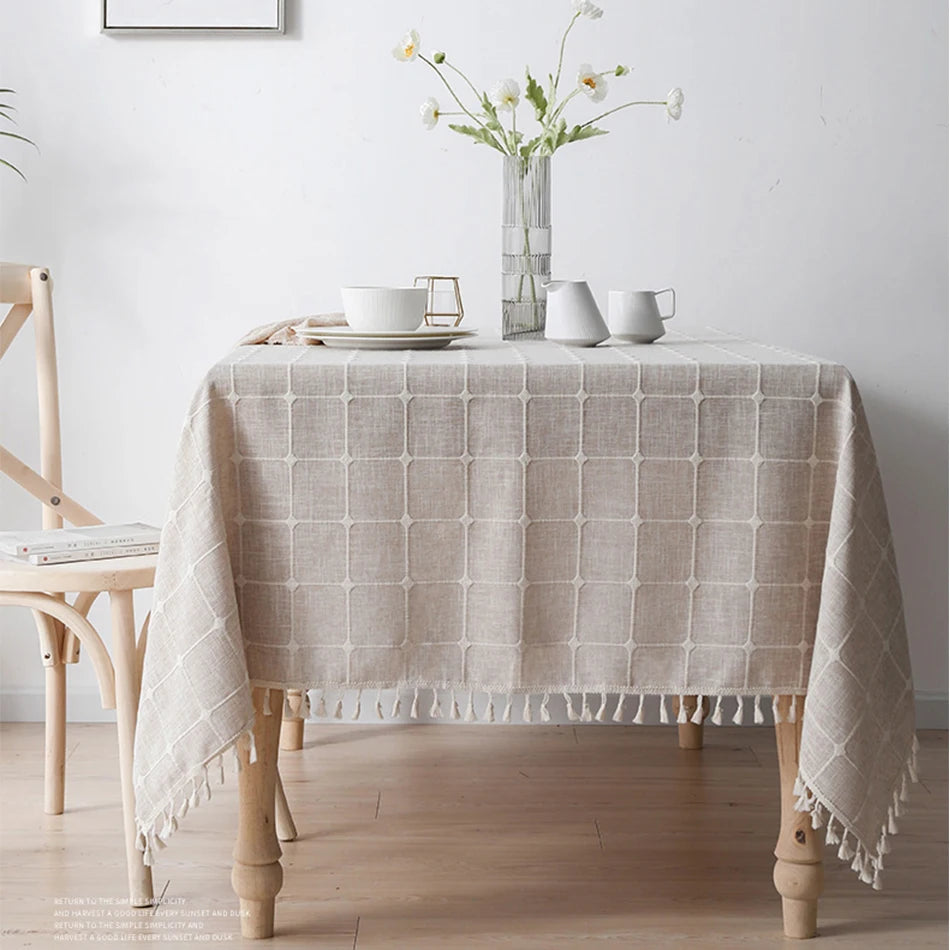 Mantel rectangular a cuadros, mantel de lino y algodón, mantel de granja, suave y sin arrugas, cubierta de mesa con borlas