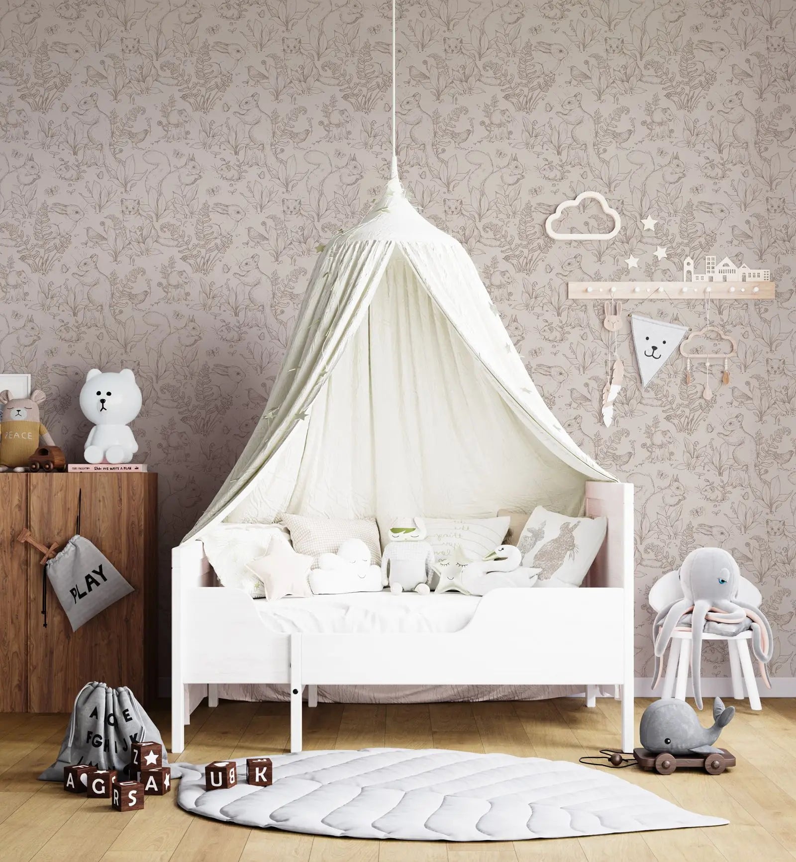 Papel pintado Forest Life. Papel pintado beige con animales en estilo bosque con Conejo y pequeño perro de pradera