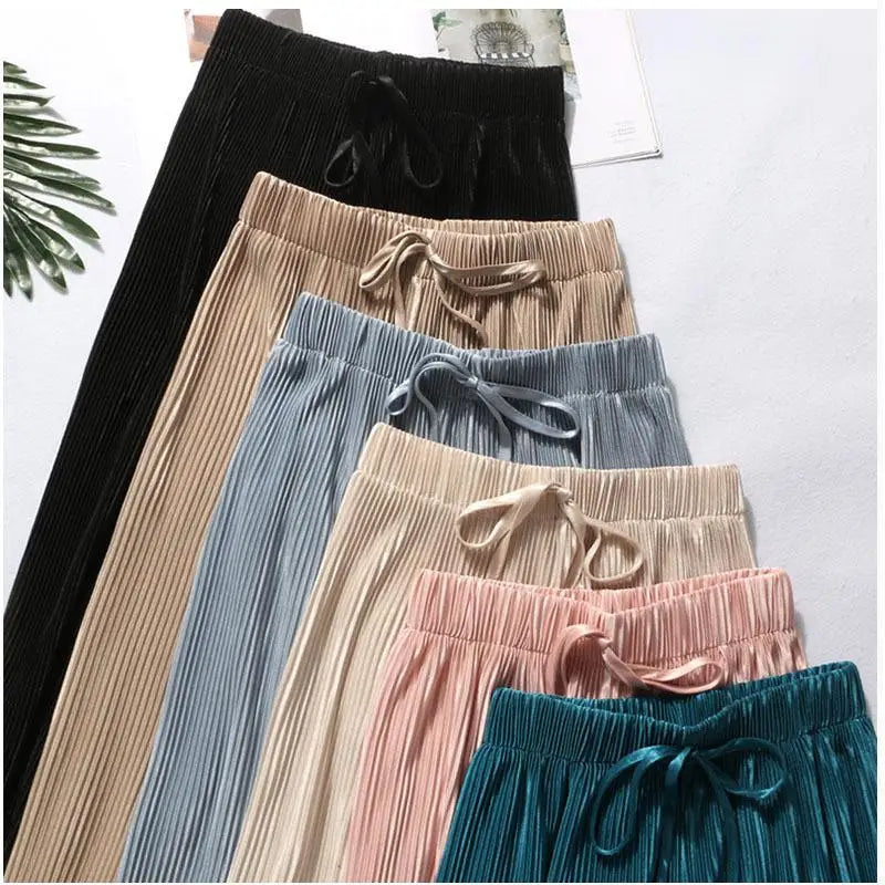 Pantalones de pierna ancha para mujer, pantalón plisado de seda de hielo, cintura elástica, holgado, informal, moda de verano
