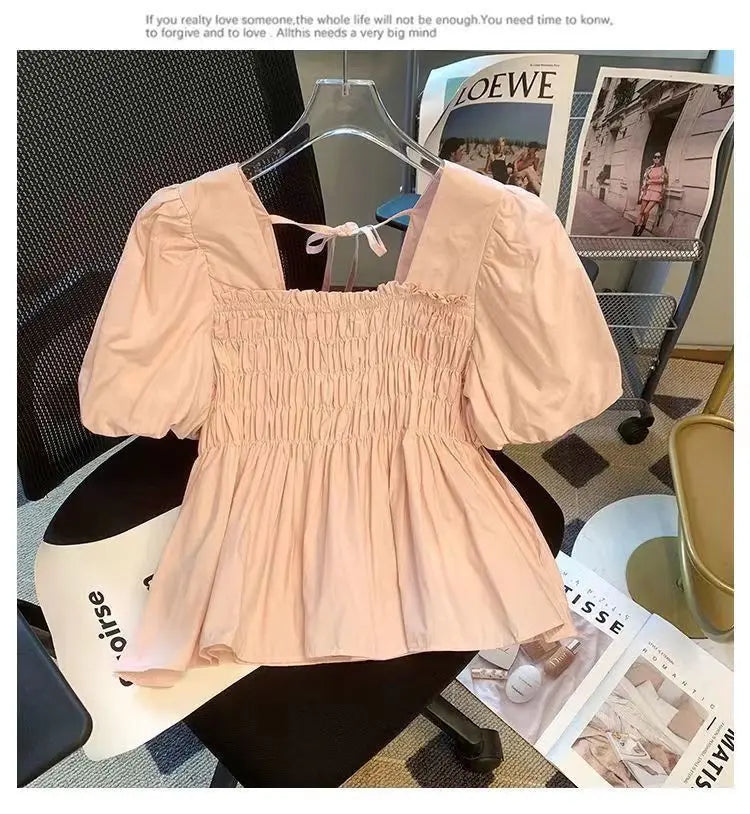 Blusa de Gasa con Manga Abullonada y Cuello Cuad, Estilo Verano 2025, para Mujer, Talla Pequeña