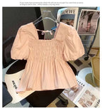 Blusa de Gasa con Manga Abullonada y Cuello Cuad, Estilo Verano 2025, para Mujer, Talla Pequeña