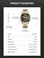 Relojes CURREN para hombre, relojes de lujo de primeras marcas para hombre, cronógrafo Original resistente al agua de acero inoxidable, fase lunar, fecha, esfera giratoria