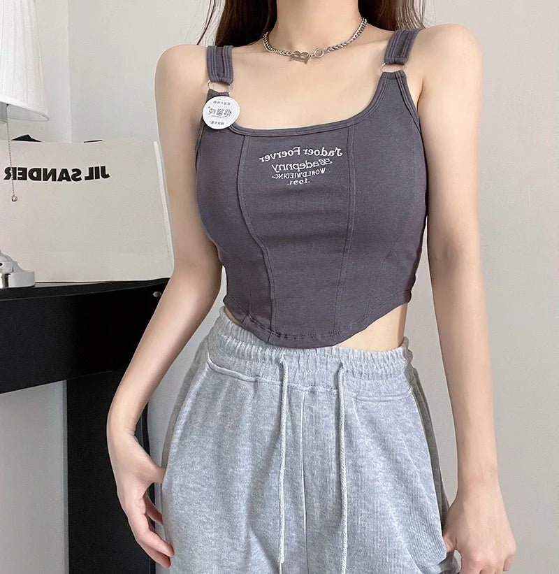 Top corto Y2K para mujer, camiseta sin mangas ajustada con dobladillo, informal, Sexy, ropa de calle blanca, camisetas sin mangas con letras y almohadilla，top mujer tops for women 2023，women's tops tees top y2k
