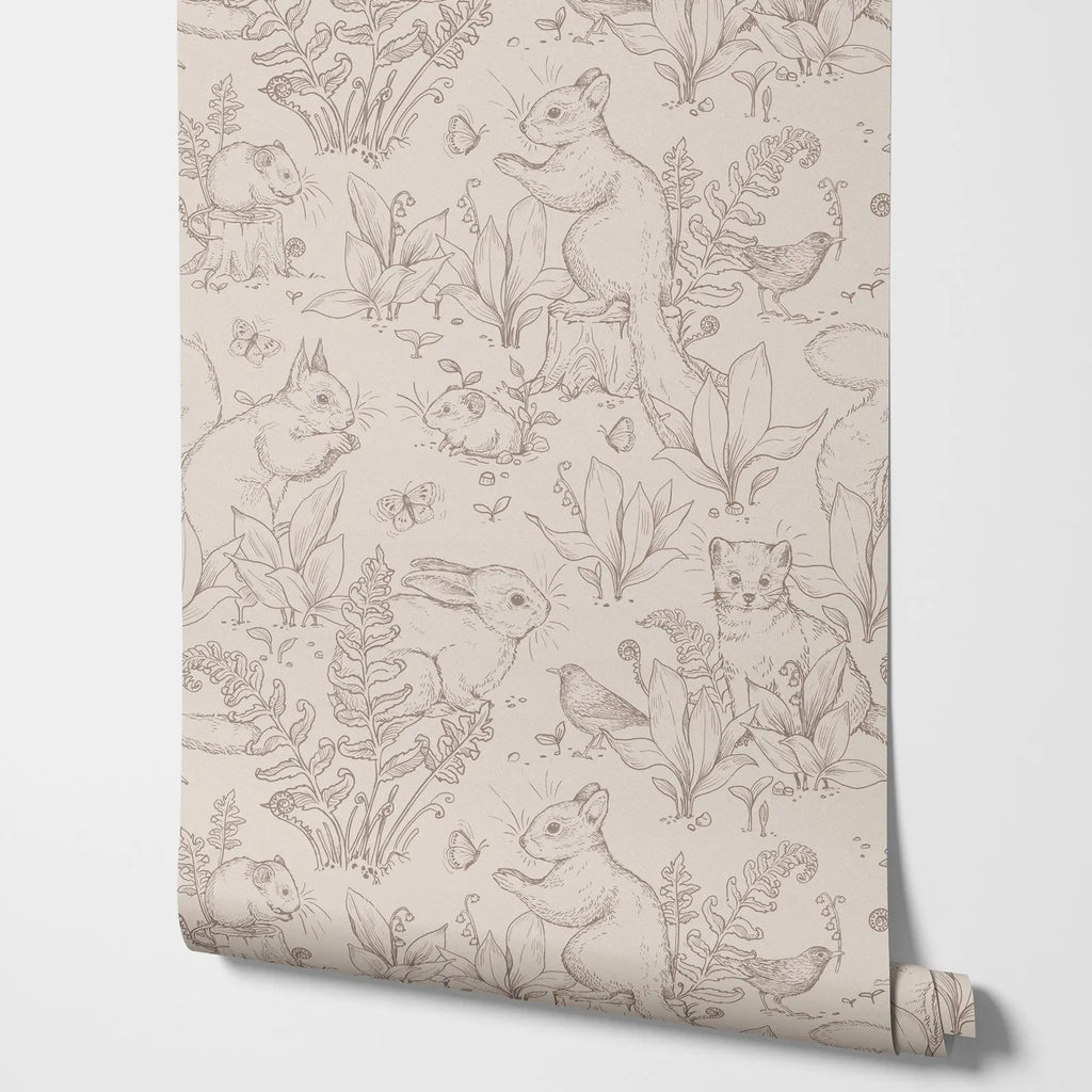 Papel pintado Forest Life. Papel pintado beige con animales en estilo bosque con Conejo y pequeño perro de pradera