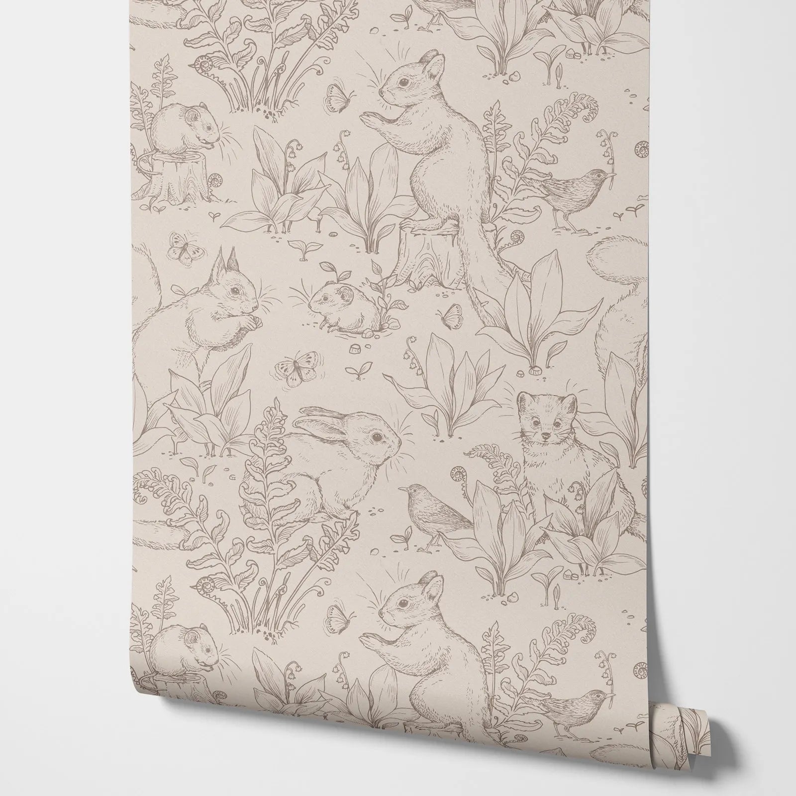Papel pintado Forest Life. Papel pintado beige con animales en estilo bosque con Conejo y pequeño perro de pradera