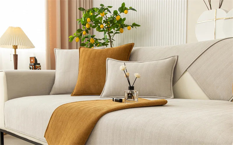Cojín de sofá a rayas para sala de estar, funda de sofá Simple antideslizante, reposabrazos, respaldo Universal, tela de chenilla de Color sólido