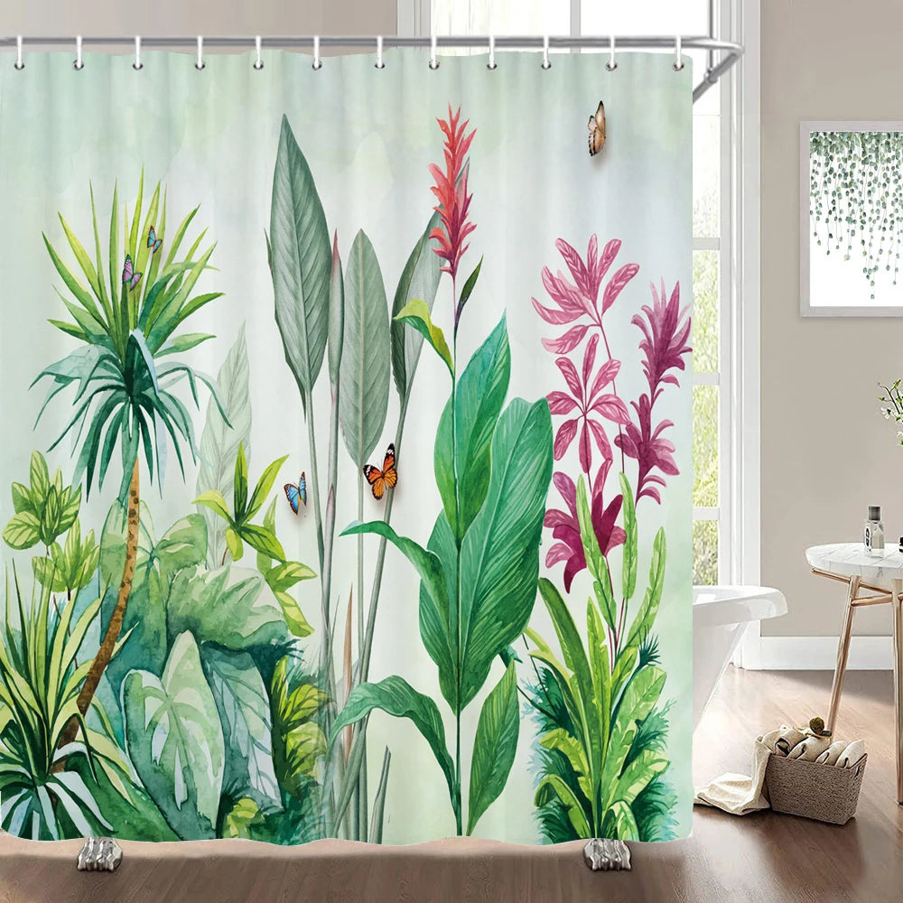 Cortinas de baño de flores, pájaros y plantas europeas, cortina de ducha impermeable, decoración de baño con impresión 3D con gancho, pantalla de baño