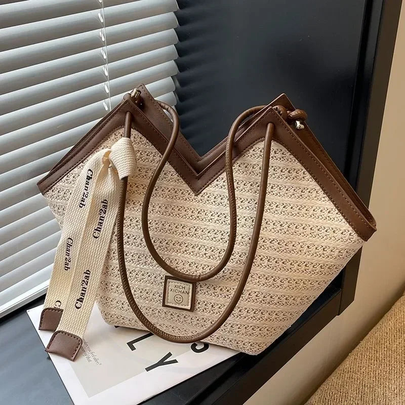 Bolso de hombro de paja para mujer, bolsa de hombro tejida a mano, estilo Retro, ideal para el verano