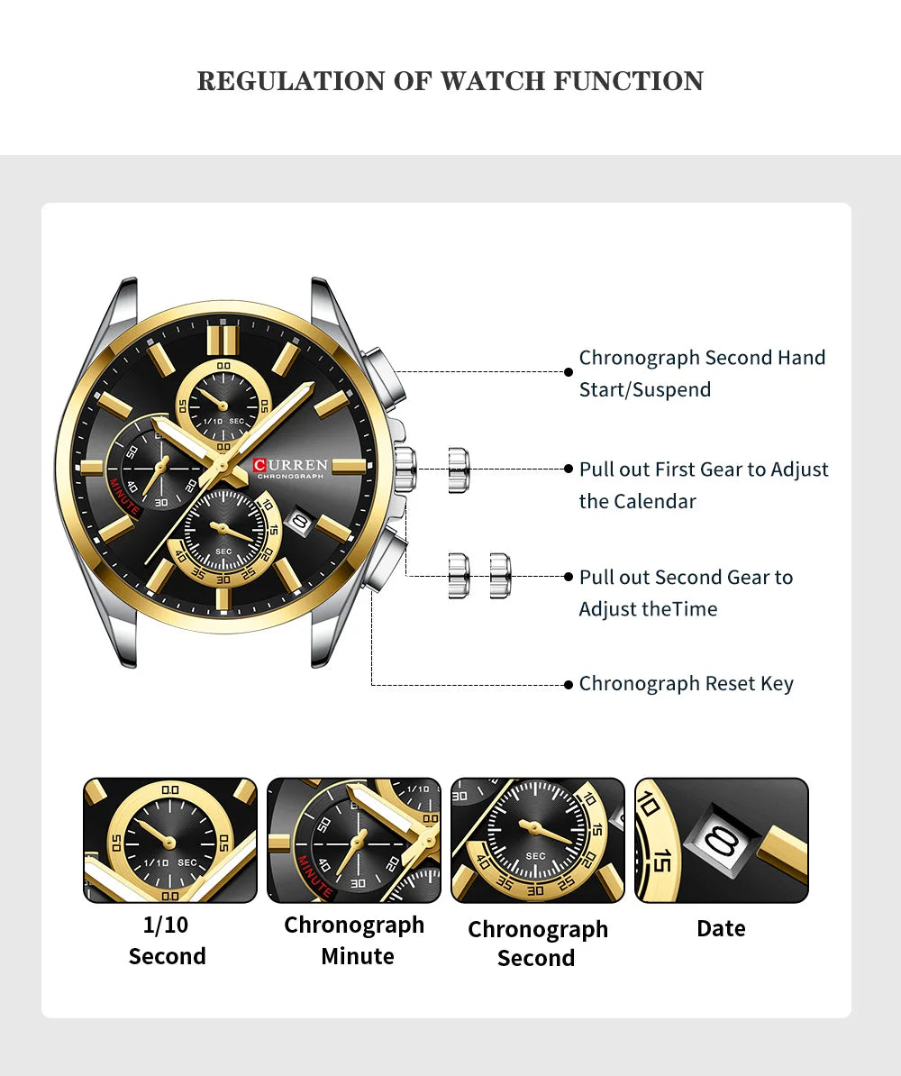 Relojes CURREN para hombre, relojes de lujo de primeras marcas para hombre, cronógrafo Original resistente al agua de acero inoxidable, fase lunar, fecha, esfera giratoria