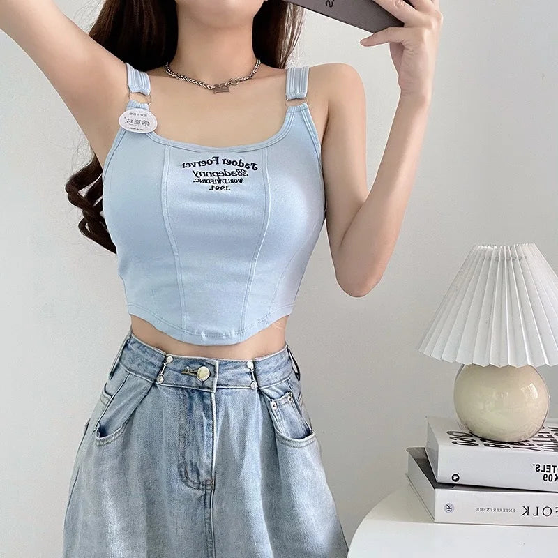 Top corto Y2K para mujer, camiseta sin mangas ajustada con dobladillo, informal, Sexy, ropa de calle blanca, camisetas sin mangas con letras y almohadilla，top mujer tops for women 2023，women's tops tees top y2k