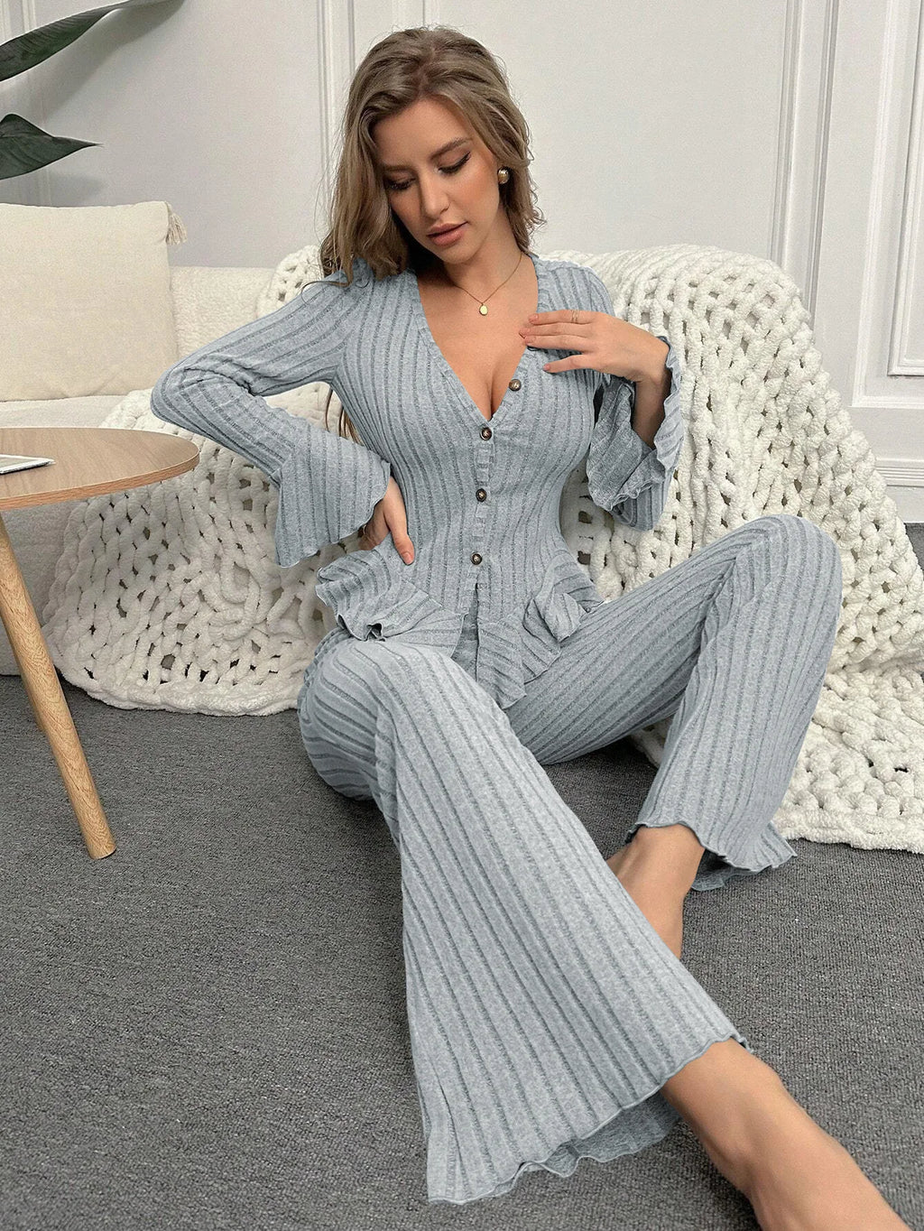 Ropa de dormir para mujer, conjuntos de pijamas de otoño e invierno, dos piezas, Tops y pantalones sexis de manga larga con cuello en V, ropa de descanso para el hogar