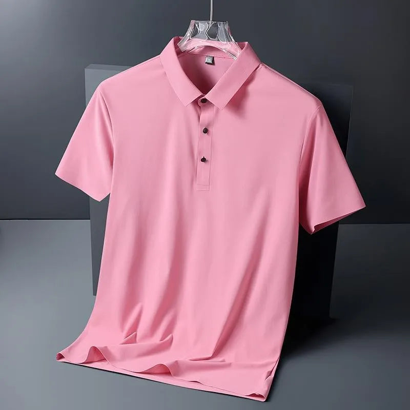 Polo de seda de hielo para hombre, camiseta de manga corta, elástica, sin hierro, fina, ligera, de lujo