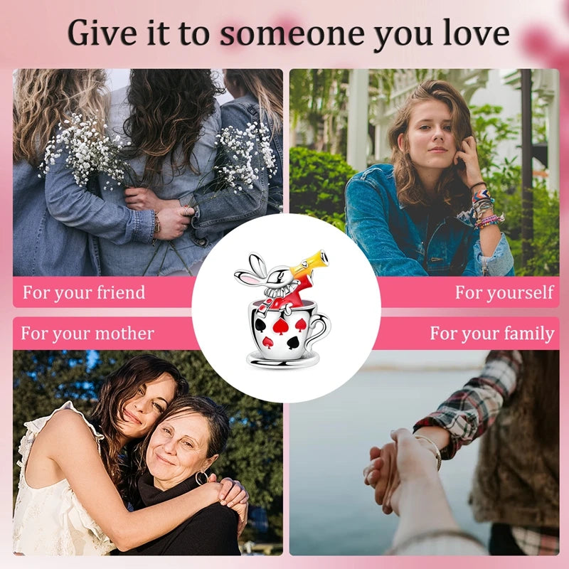 Colgante de Plata de Ley 925 con Diseño de Taza de Té y Conejo, Compatible con Pulseras Originales, Joyería DIY para Mujer