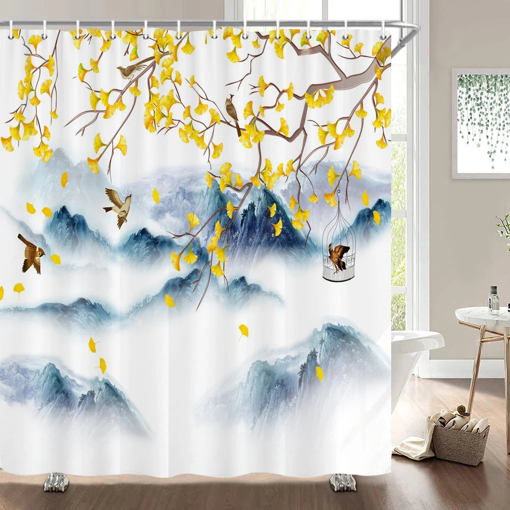 Cortinas de baño de flores, pájaros y plantas europeas, cortina de ducha impermeable, decoración de baño con impresión 3D con gancho, pantalla de baño