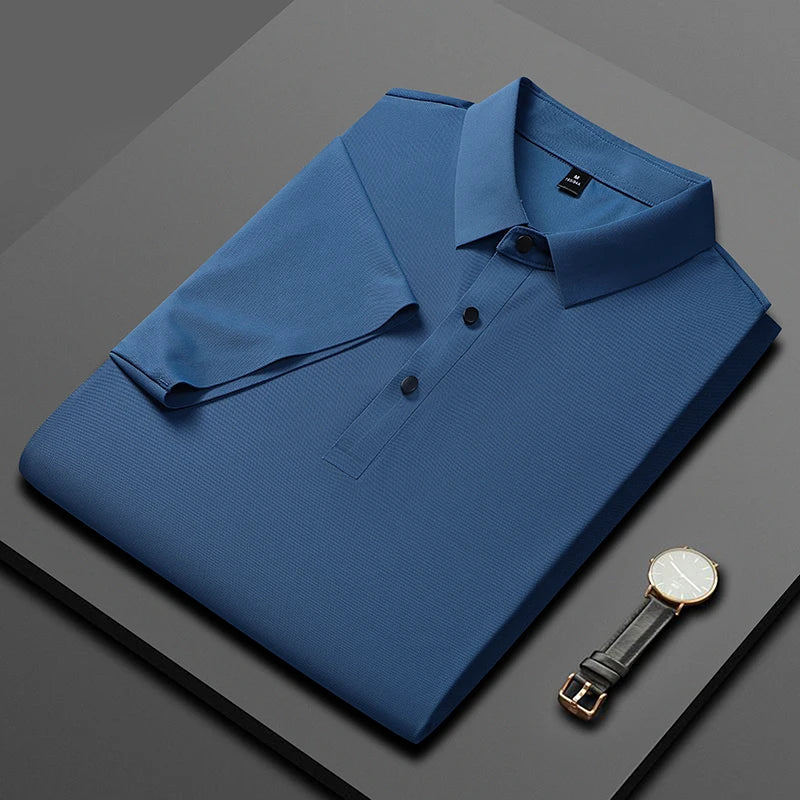 Polo de seda de hielo para hombre, camiseta de manga corta, elástica, sin hierro, fina, ligera, de lujo