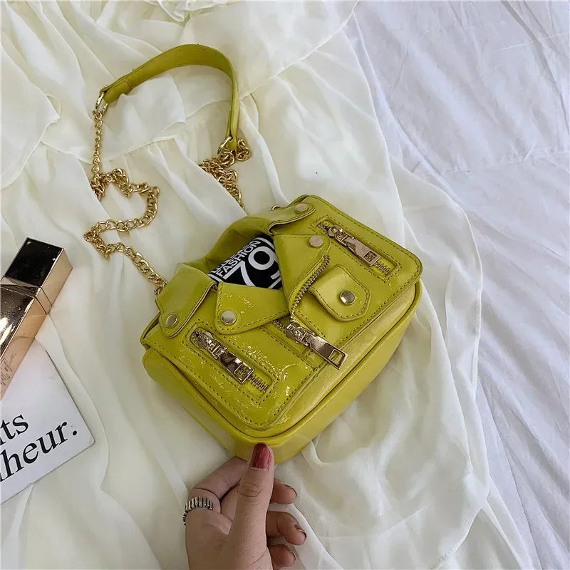 Bolsos de motocicleta de diseñador de marca famosa de moda europea, bolso de mensajero de hombro con forma de chaqueta de lujo, bolso de mano de cuero PU