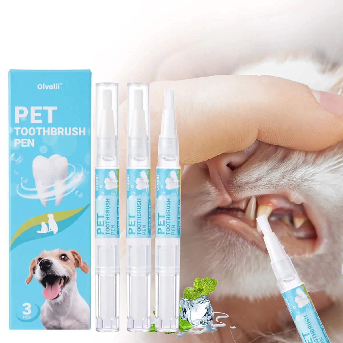 Lápiz Limpiador Dental para Mascotas con Cepillo Suave y Gel Dental para Perros y Gatos, Control de Sarro, Aliento Fresco, Calma las Encías, Fórmula Suave, 3 Unidades por Caja