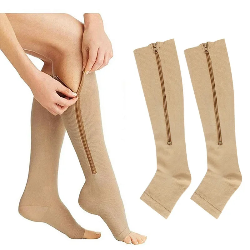 Calcetines deportivos médicos de compresión con cremallera, calcetines elásticos de venas para mujeres y hombres, calcetines largos de presión de alta elasticidad para ciclismo, soporte para piernas