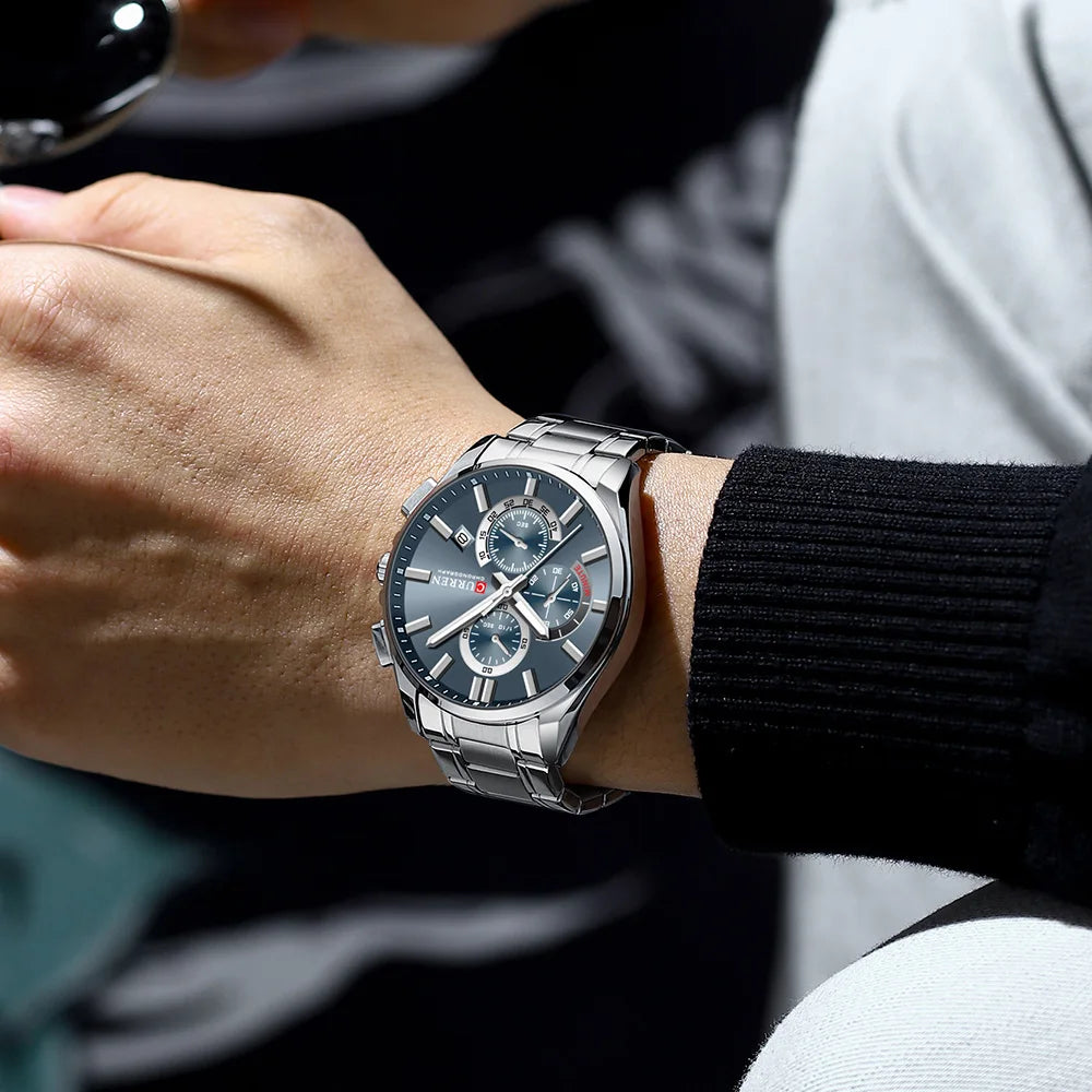 Relojes CURREN para hombre, relojes de lujo de primeras marcas para hombre, cronógrafo Original resistente al agua de acero inoxidable, fase lunar, fecha, esfera giratoria