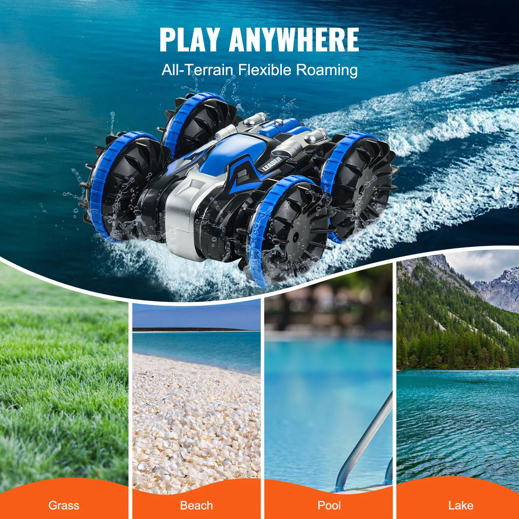 SucceBuy Barco de coche RC anfibio azul/amarillo 2,4 GHz 12 km/h Control remoto eléctrico 360 °   Coche acrobático giratorio, juguetes para piscina de playa y agua