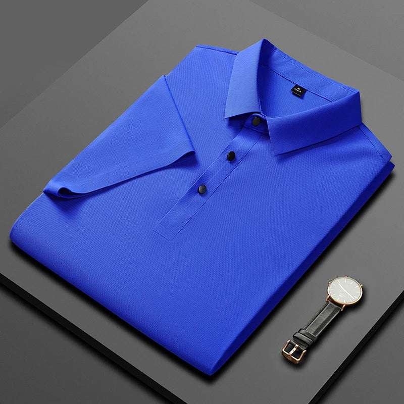 Polo de seda de hielo para hombre, camiseta de manga corta, elástica, sin hierro, fina, ligera, de lujo